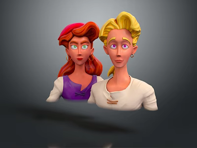 Cartoon Character Portraits With Red And Blonde Hair In Purple And White Outfits 3d model