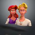 Cartoon Character Portraits With Red And Blonde Hair In Purple And White Outfits