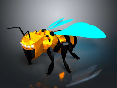 Low Poly Yellow And Black Bee With Blue Wings And Glowing Eyes In Geometric Design 3d model