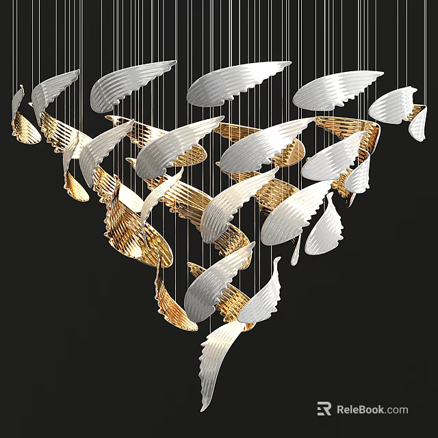 Gold And Silver Wing Shaped Chandelier Hanging On Black Background With Modern Design 3d model 