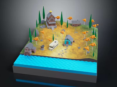 3D Rural Landscape With Cottages Green Trees Orange Shrubs White Caravan And Small River 3d model