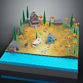 3D Rural Landscape With Cottages Green Trees Orange Shrubs White Caravan And Small River