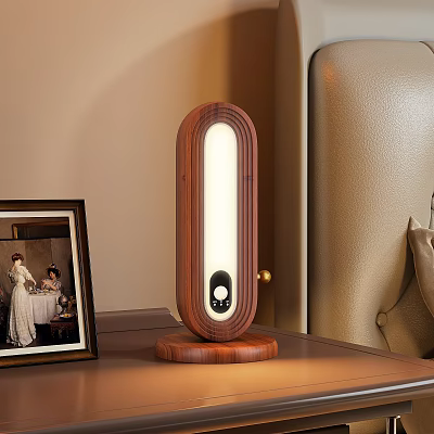 Modern Wooden Table Lamp With Illuminated Central Strip On Bedroom Bedside Table 3d model