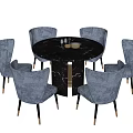 Modern Dining Table Set With Blue Striped Chairs Gold Legs And Black Table 3d model