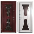 Modern Security Doors with Dark Red Wood Grain and Light Gray Curved Glass Design
