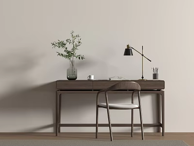 Elegant Modern Minimalist Wooden Desk Interior With Table Lamp Green Plant And Chair 3d model