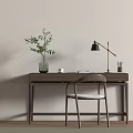 Elegant Modern Minimalist Wooden Desk Interior With Table Lamp Green Plant And Chair