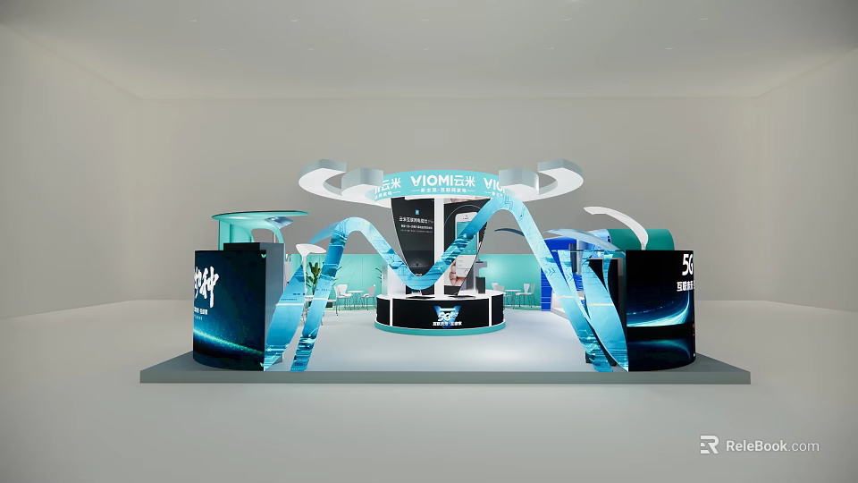 VICMEE Modern Exhibition Booth Design With Blue White Arc Structure And Display Area 3d model 