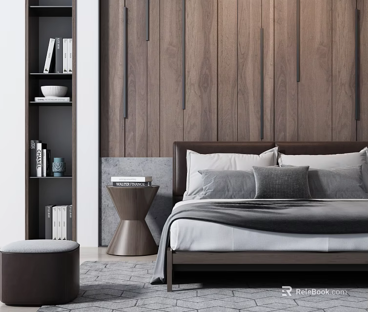 Background Double Bed Interior With Wooden Wall Panel Gray Pillows Bedside Table And Blanket 3d model 