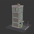 Multi Story Brick Building Model With Windows Entrance Green Plants And Street Lamp