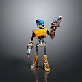 Yellow and Black Robot Character With Blue Helmet Holding Gun And Tool In Gray Background
