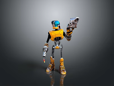 Yellow and Black Robot Character With Blue Helmet Holding Gun And Tool In Gray Background 3d model