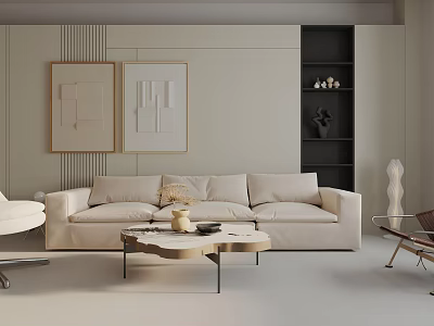 Modern Living Room With Beige Sofa Wall Art And Black Bookshelf 3d model