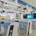 Modern Laboratory Interior With Lab Benches Blue Stools And Large Screen Equipment 3d model