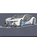 BMW Streamlined Electric Car Parked In Branded Parking Spot With White Body Blue Accents