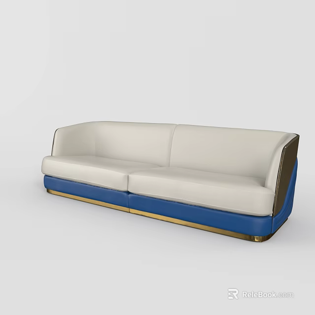 Modern Two-seater Sofa with White and Blue Upholstery and Gold Trim 3d model