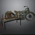 Vintage Green Motorcycle With Brown Seat And Wooden Table With Oil Lamp Tools