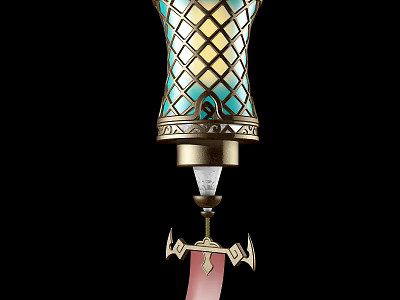 Turquoise Glass Chandelier With Intricate Lattice Pattern And Gold Metal Decorations 3d model