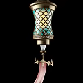 Turquoise Glass Chandelier With Intricate Lattice Pattern And Gold Metal Decorations