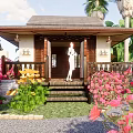Beachfront Guesthouse Building With Wooden Deck Deck Chairs Large Windows Palm Trees And Ocean View