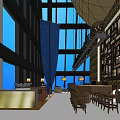 Modern Bar Interior Design with Large Windows Blue Curtains Photo Wall and Bar Counter Stools