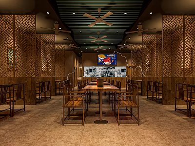 Traditional Restaurant Interior With Wooden Lattice Green Ceiling Ceiling Fans And Dining Table 3d model