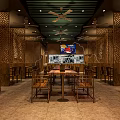 Traditional Restaurant Interior With Wooden Lattice Green Ceiling Ceiling Fans And Dining Table