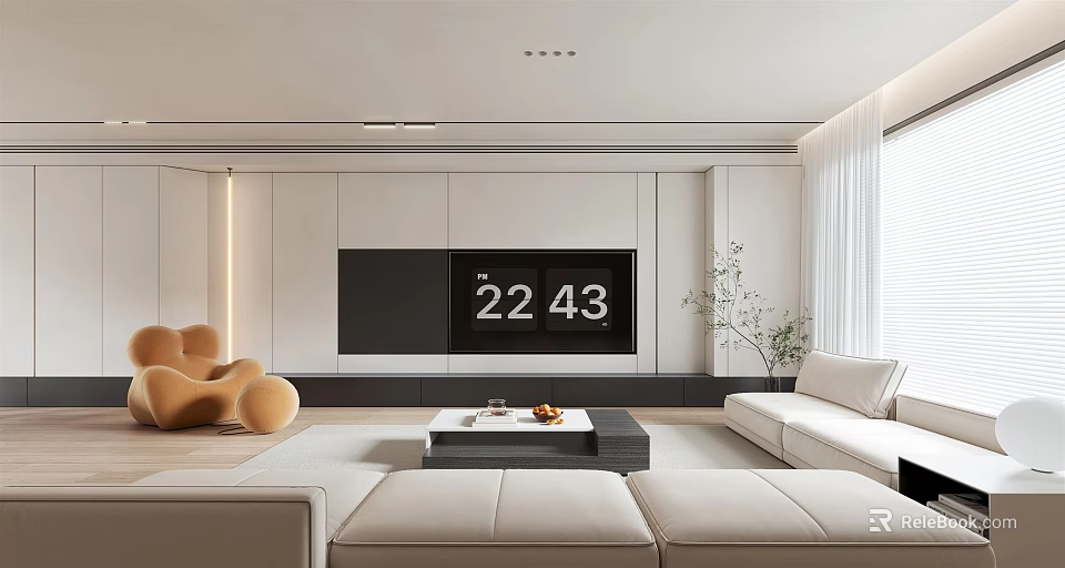 Modern Living Room With White Sofa Black TV Wall Orange Chair Coffee Table And Decor 3d model 