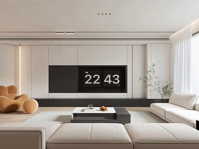 Modern Living Room With White Sofa Black TV Wall Orange Chair Coffee Table And Decor 3d model