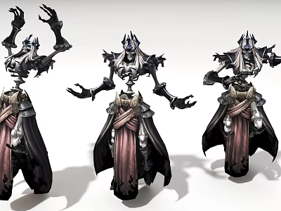 Game and Movie Fantasy Character Armored Cloaked Skeletal Figure Showcasing Three Different Poses 3d model