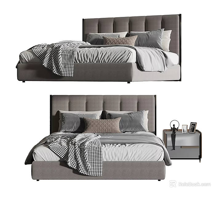 Modern Double Bed With Gray Headboard Multiple Pillows Plaid Blanket And Nightstand 3d model