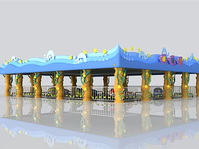Electric Toy Carousel With Blue Wave Shaped Roof Yellow Pillars And Colorful Decorations 3d model