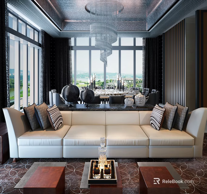 Luxurious Private Box Interior With White Sofa Striped Pillows And Scenic Window View 3d model