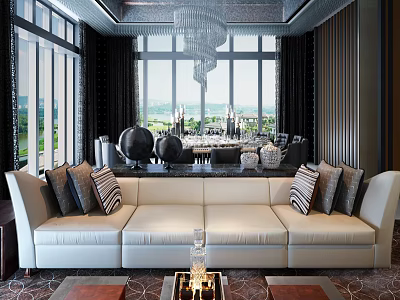 Luxurious Private Box Interior With White Sofa Striped Pillows And Scenic Window View 3d model