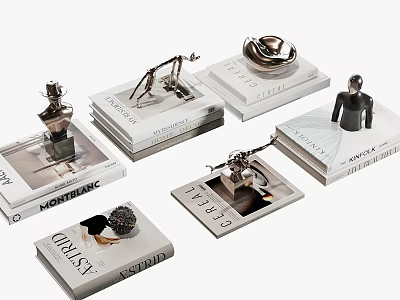 Elegant Stacked Art Magazines With Decorative Sculptures And Figurine Displays 3d model