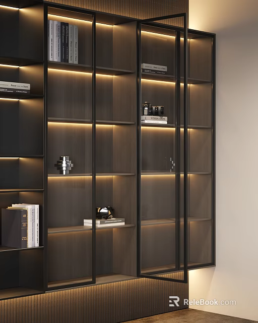 Modern Wooden Decorative Cabinet With Metal Frame LED Lighting And Open Shelves 3d model 
