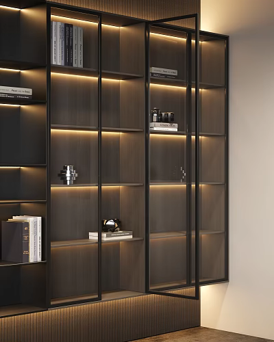 Modern Wooden Decorative Cabinet With Metal Frame LED Lighting And Open Shelves 3d model
