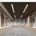 Modern Exhibition Hall Interior With Wooden Ceiling Linear Lighting And Artworks