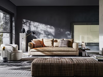 Modern Beige Sofa Set with Plush Cushions and Woven Ottoman in Dark Wall Living Room 3d model