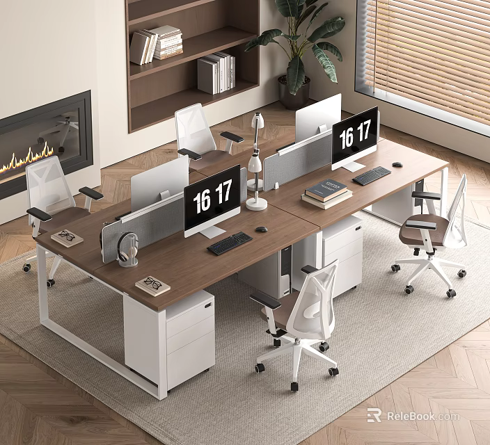 Modern Office Desk With Dual Monitors Ergonomic Chairs Desk Lamp Books And Storage Cabinets 3d model 