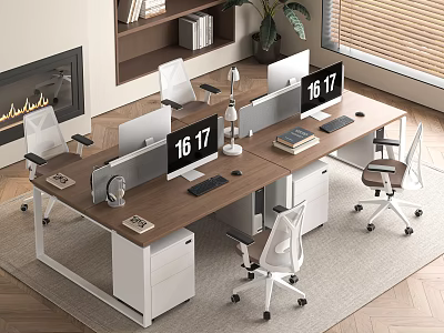 Modern Office Desk With Dual Monitors Ergonomic Chairs Desk Lamp Books And Storage Cabinets 3d model
