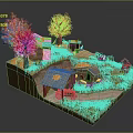 Cartoon Autumn Scene with Orange Leaf Trees Small Wooden Cabin Red Tractor and Winding Path