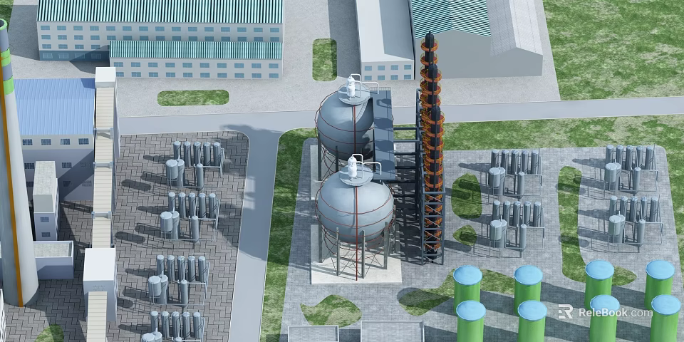 Industrial Plant With Two Large Storage Tanks Tall Tower And Numerous Small Tanks 3d model 