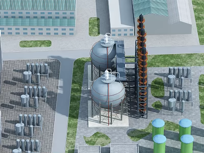 Industrial Plant With Two Large Storage Tanks Tall Tower And Numerous Small Tanks 3d model
