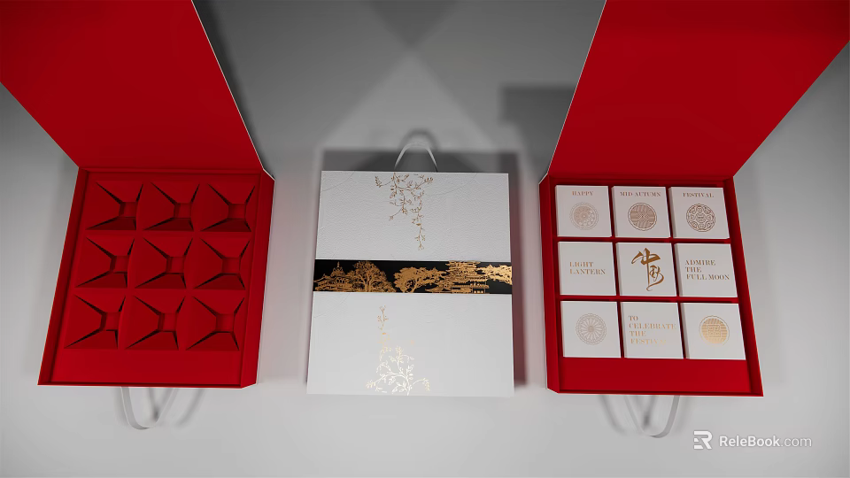 Decorative Ornament Set with Open Red Boxes and White Gift Box Featuring Golden Patterns 3d model