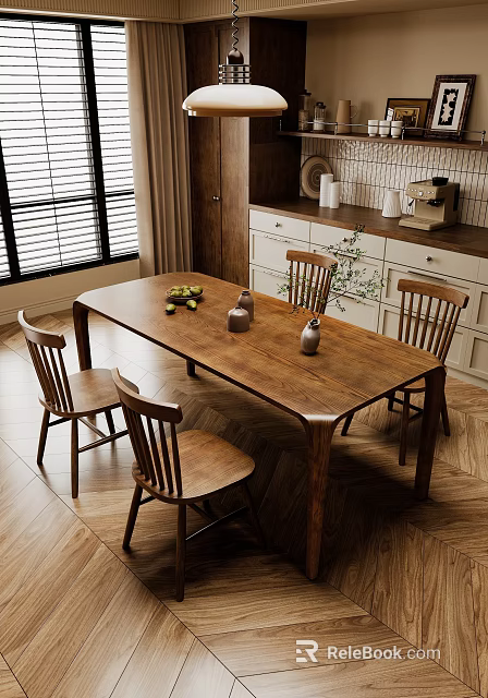 Modern Wooden Restaurant Interior With Dining Table Chairs Cabinets And Window 3d model 
