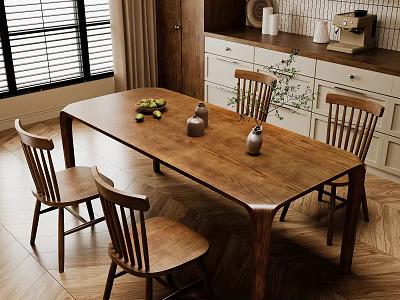 Modern Wooden Restaurant Interior With Dining Table Chairs Cabinets And Window 3d model
