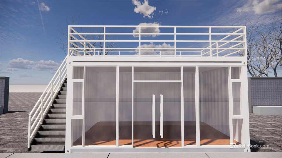 White Container Building With Top Railing Staircase Glass Doors And Wooden Floor 3d model 