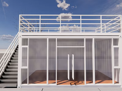 White Container Building With Top Railing Staircase Glass Doors And Wooden Floor 3d model