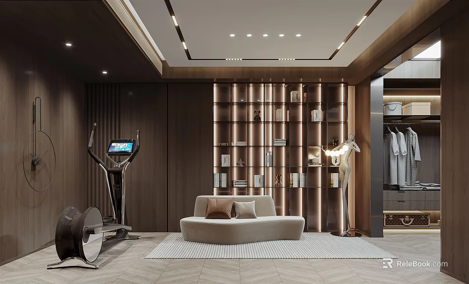 Elegant Modern Walk-in Closet Interior With Wooden Display Shelves Sofa And Recessed Lighting 3d model 